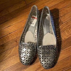 Michael Kors Leather Upper Floral Flats for Women Gabri silver MK in design